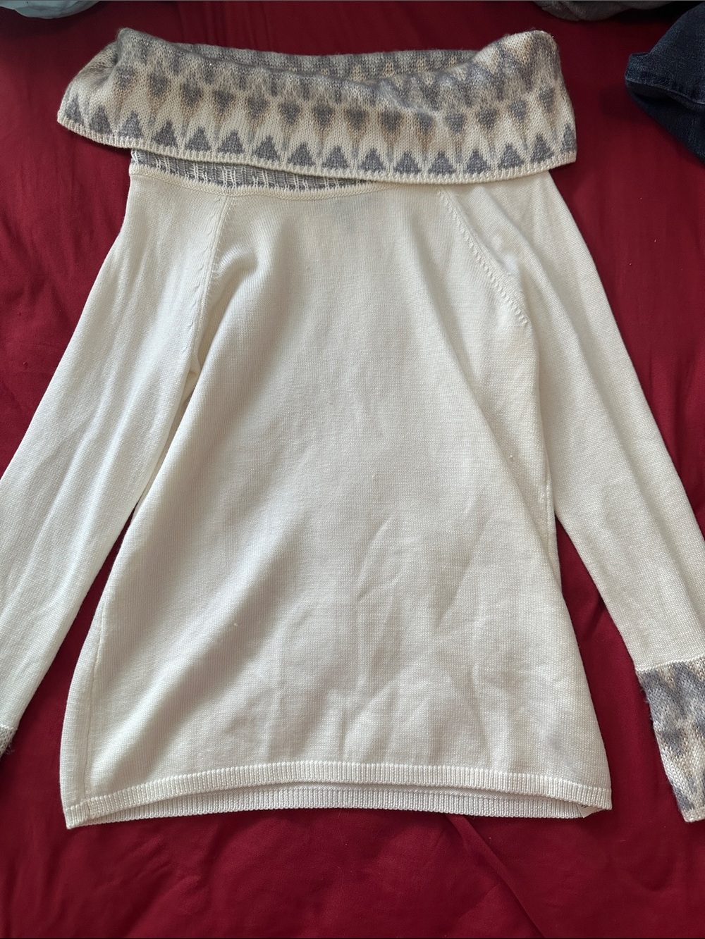 White House Black Market Cream Off-Shoulder Sweater with Patterned Foldover Neck